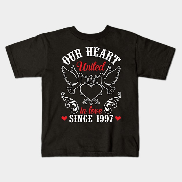 Husband Wife Our Heart United In Love Since 1997 Happy Wedding Married 23 Years Anniversary Kids T-Shirt by joandraelliot